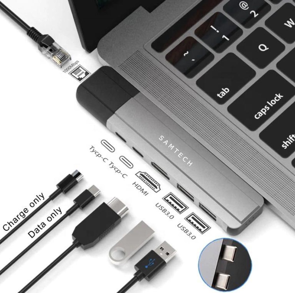 Samtech USB-C hub - 6 in 1 adapter - Grijs