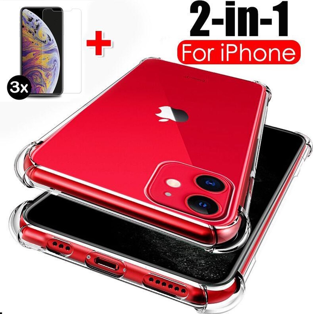 2-in-1 Massuzi iPhone 11 - Shockproof Hoesje Case Transparant (1 stuk) + Gratis Glass Screenprotector (3 stuks) - Tempered Glass Screenprotector (3x) met Siliconen Backcover Case (1x)