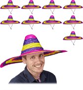 relaxdays 10 x Mexicaanse hoed - sombrero volwassenen - strohoed gekleurd - Mexico - 55 cm