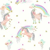 Regenboog Unicorn Glitter Behang Wit