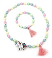 Kinderketting en armband voor meisjes kunststof kraaltjes in pastelkleuren unicorn en kwastje