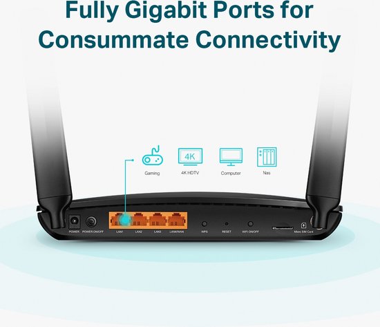 Achterkant van de zwarte TP-Link router met vier LAN-poorten, WAN/LAN-poort en micro-SIM-kaartsleuf.