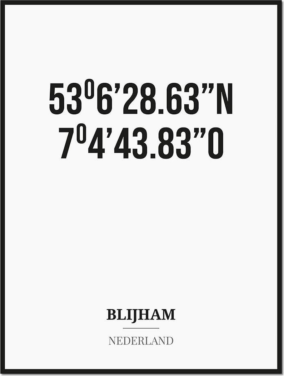Studio216 Poster/kaart BLIJHAM met coördinaten zwart, wit