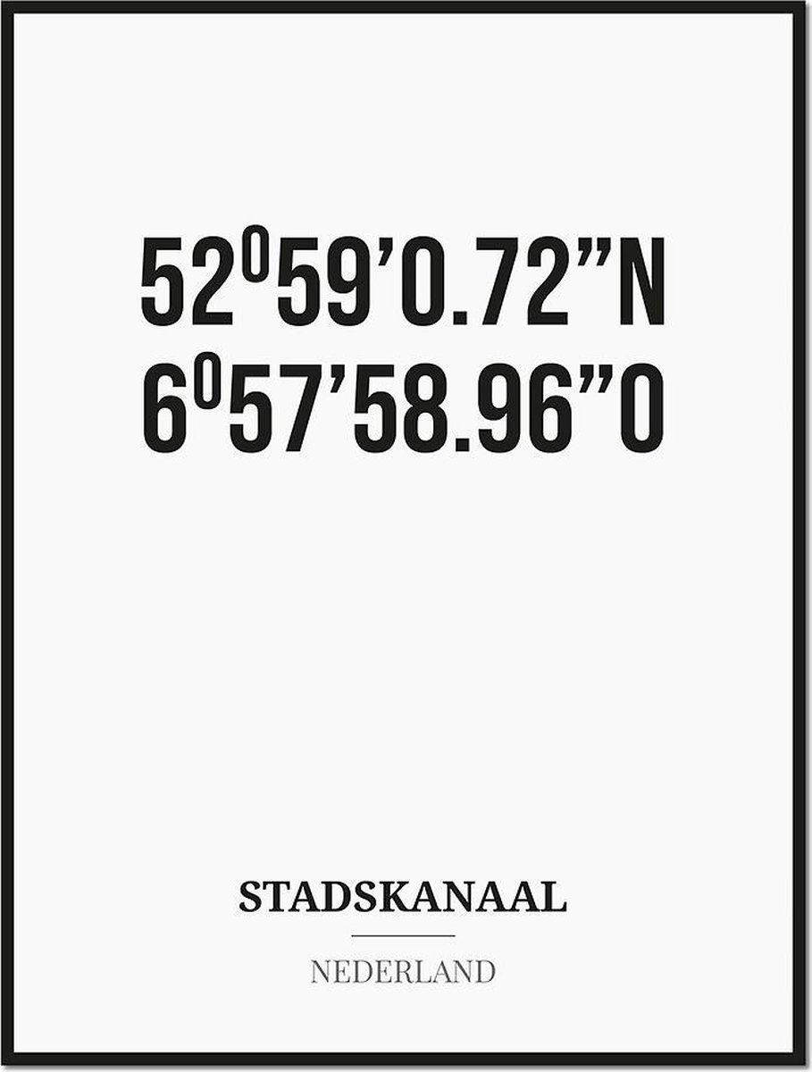 Studio216 Poster/kaart STADSKANAAL met coördinaten zwart, wit