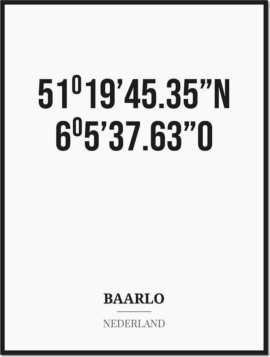 Studio216 Poster/kaart BAARLO met coördinaten zwart, wit