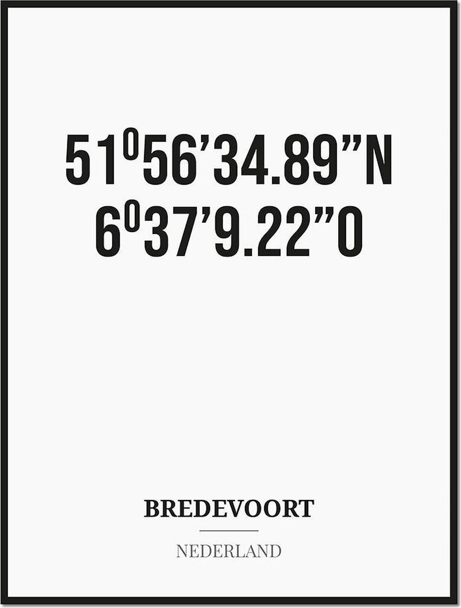 Studio216 Poster/kaart BREDEVOORT met coördinaten zwart, wit
