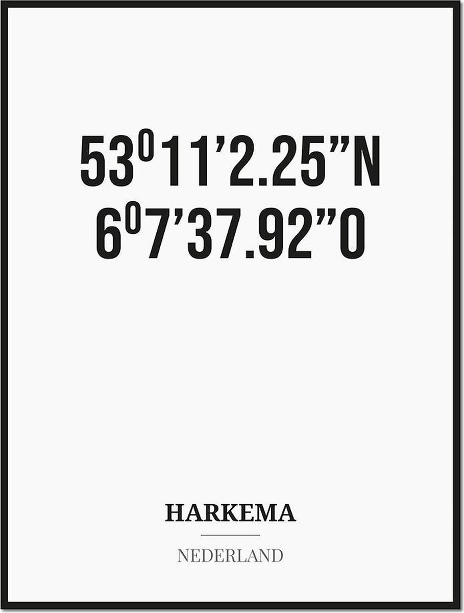 Studio216 Poster/kaart HARKEMA met coördinaten zwart, wit