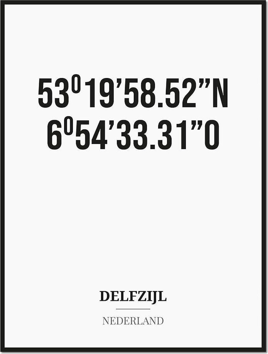 Studio216 Poster/kaart DELFZIJL met coördinaten zwart, wit
