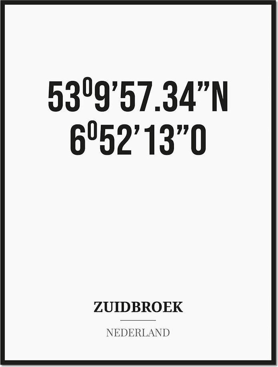 Studio216 Poster/kaart ZUIDBROEK met coördinaten zwart, wit