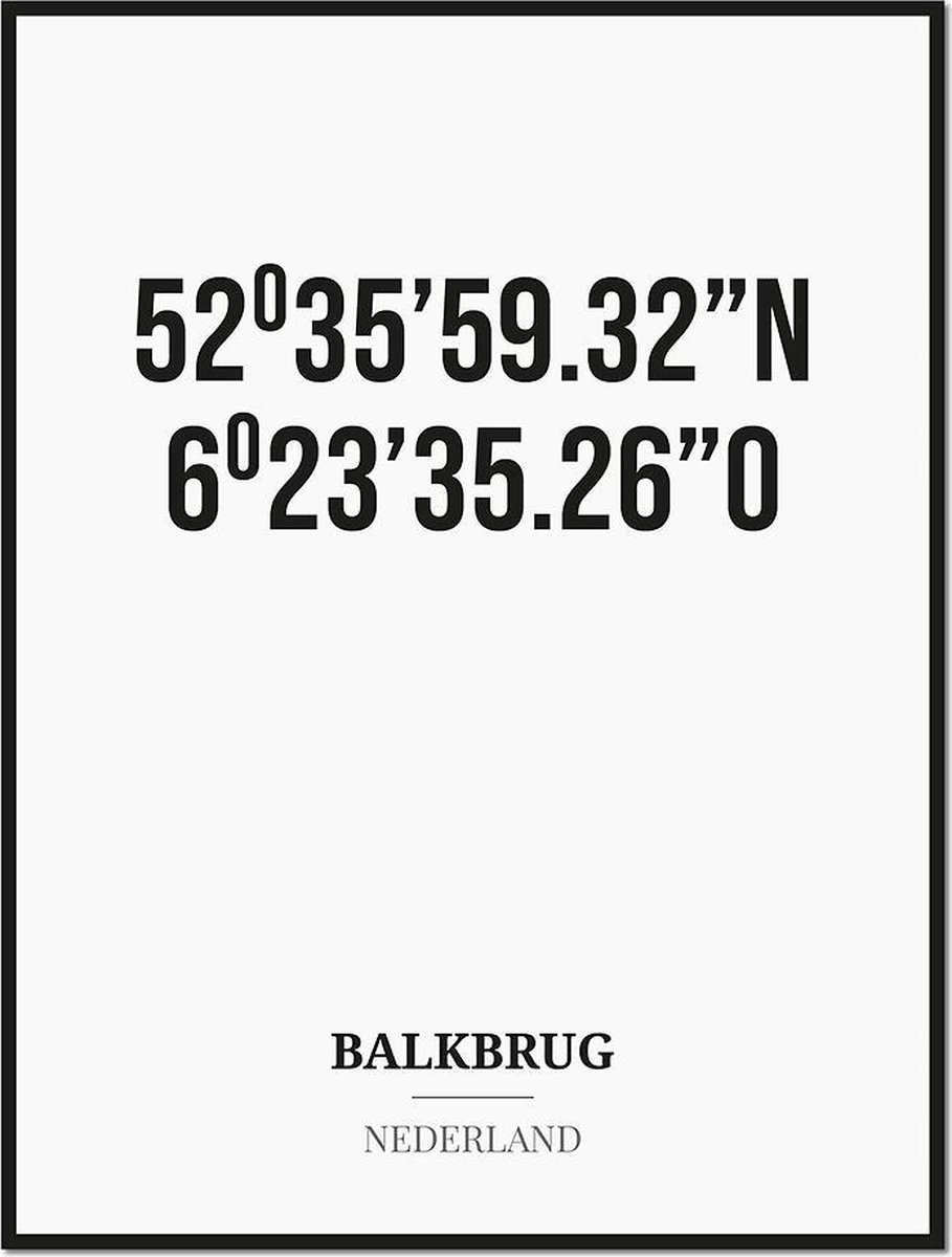 Studio216 Poster/kaart BALKBRUG met coördinaten zwart, wit