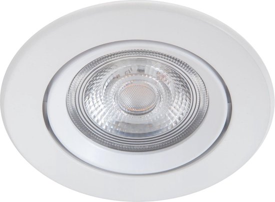 Witte, ronde inbouwspot met een geribd, transparant middenstuk waar het licht uit komt.
