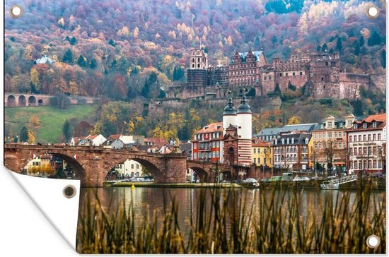 Tuinposter 120x80 cm - Tuindecoratie Heidelberg - Kasteel - Brug - Poster voor in de tuin - Buiten decoratie - Schutting tuinschilderij - Tuindoek muurdecoratie - Wanddecoratie balkondoek