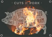 Man cave banner spandoek butchers cut varken vuur transparant