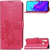 Lucky Clover geperste bloemenpatroon lederen tas voor Huawei Nova 4, met houder en kaartsleuven en portemonnee en handriem (roze rood)