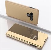 Voor LG Q60 plating spiegel links en rechts flip cover met beugel holster (goud)