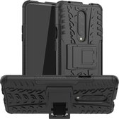 Voor OnePlus 7T Pro Tyre Texture TPU + PC schokbestendige hoes, met houder (zwart)