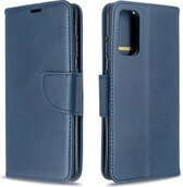 Voor Galaxy S20 Retro Lambskin Texture Pure Color Horizontaal Flip PU-lederen hoesje met houder & kaartsleuven & portemonnee & Lanyard (blauw)