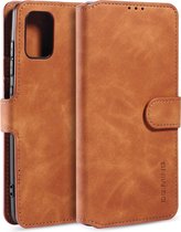 Voor Galaxy A71 DG.MING Retro Oil Side Horizontal Flip Case met houder & kaartsleuven & portemonnee (bruin)
