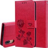Rose reliëf horizontale flip PU lederen tas voor Huawei P20, met houder en kaartsleuven en portemonnee (rood)