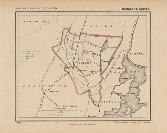 Foto: Historische kaart plattegrond van gemeente limmen in noord holland uit 1867 door kuyper van kaartcadeau com