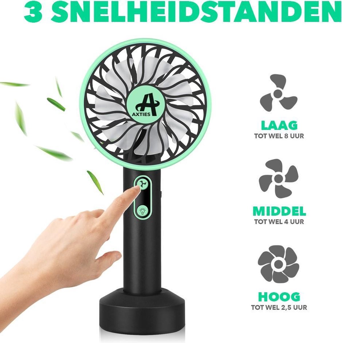 AXTIES 2-in-1 Draagbare Mini Ventilator met LED Lamp - USB Oplaadbaar 2000 mAh Batterij - 3 Snelheden & Lichtstanden - Draagbaar Kleine Tafelventilator - Mobiele Tafel Fan - Bureau Luchtkoeler Airco - Hand Waaier Lucht Koeler - Aircooler - Air Cooler — afbeelding 3
