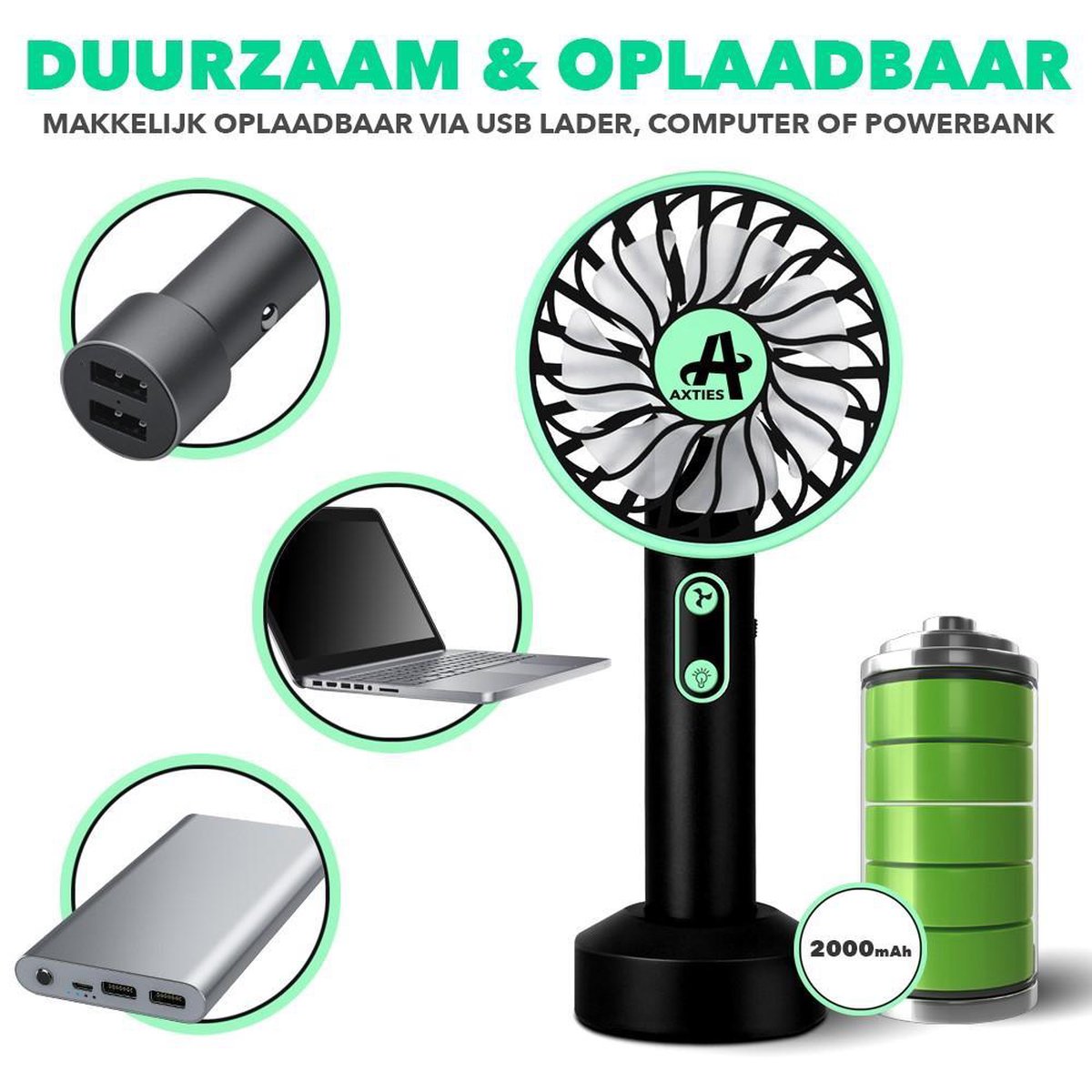 AXTIES 2-in-1 Draagbare Mini Ventilator met LED Lamp - USB Oplaadbaar 2000 mAh Batterij - 3 Snelheden & Lichtstanden - Draagbaar Kleine Tafelventilator - Mobiele Tafel Fan - Bureau Luchtkoeler Airco - Hand Waaier Lucht Koeler - Aircooler - Air Cooler — afbeelding 10