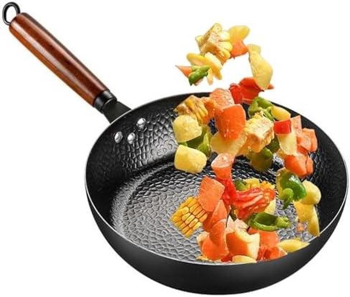 Wokpan - Roerbakpan - Gezond Koken - Handgehamerd IJzer - 34 cm - Zwart