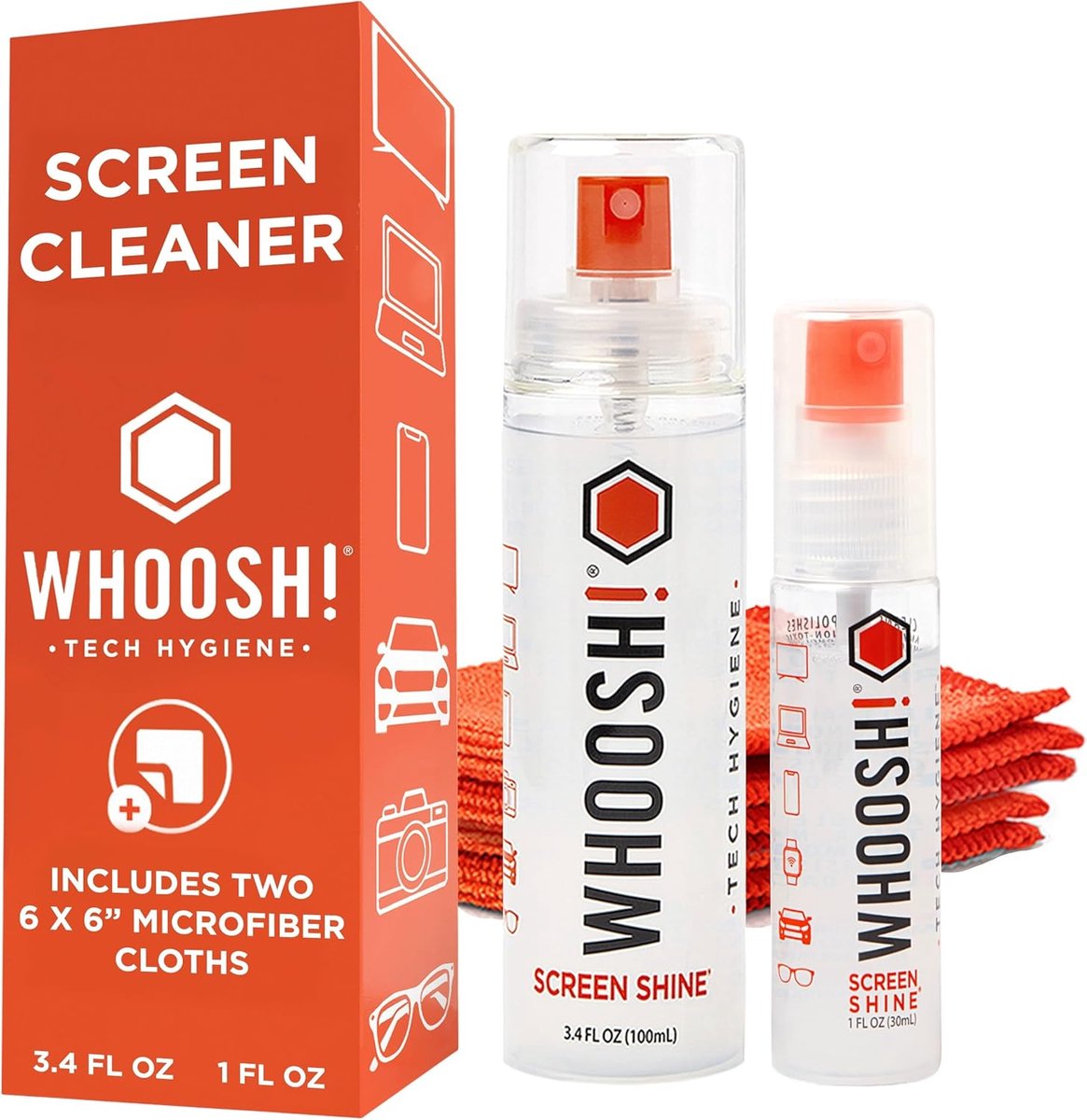 WHOOSH! Screen Shine Duo XL - Schermreiniger Set – Veilig voor Alle Schermen – Duo Formaat Thuis & Onderweg – Inclusief Microvezeldoekjes - 100ml + 30ml