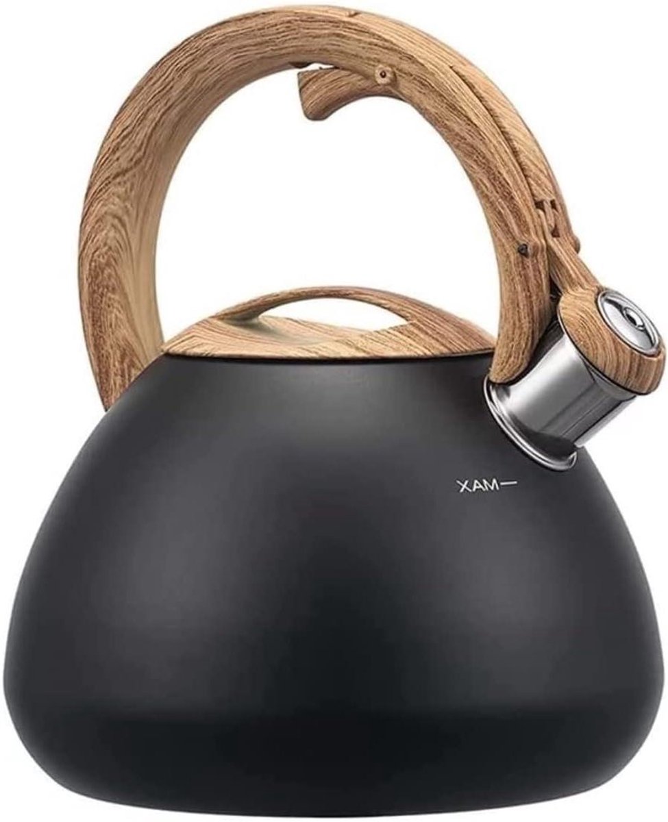 Theeketel Rvs - Waterketel Fluitketel - Koken Water - Verdikte Bodem - 2.5 Liter - Zwart