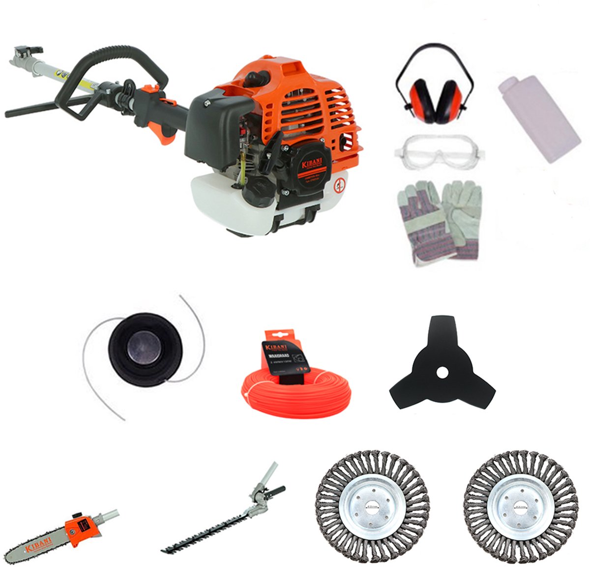 Bol.com Kibani 6-in-1 Multitool incl 2 onkruidborstels- 52 cc - 1.9 PK 2-takt Benzine Motor - Heggenschaar - Kettingzaag - Grast... aanbieding