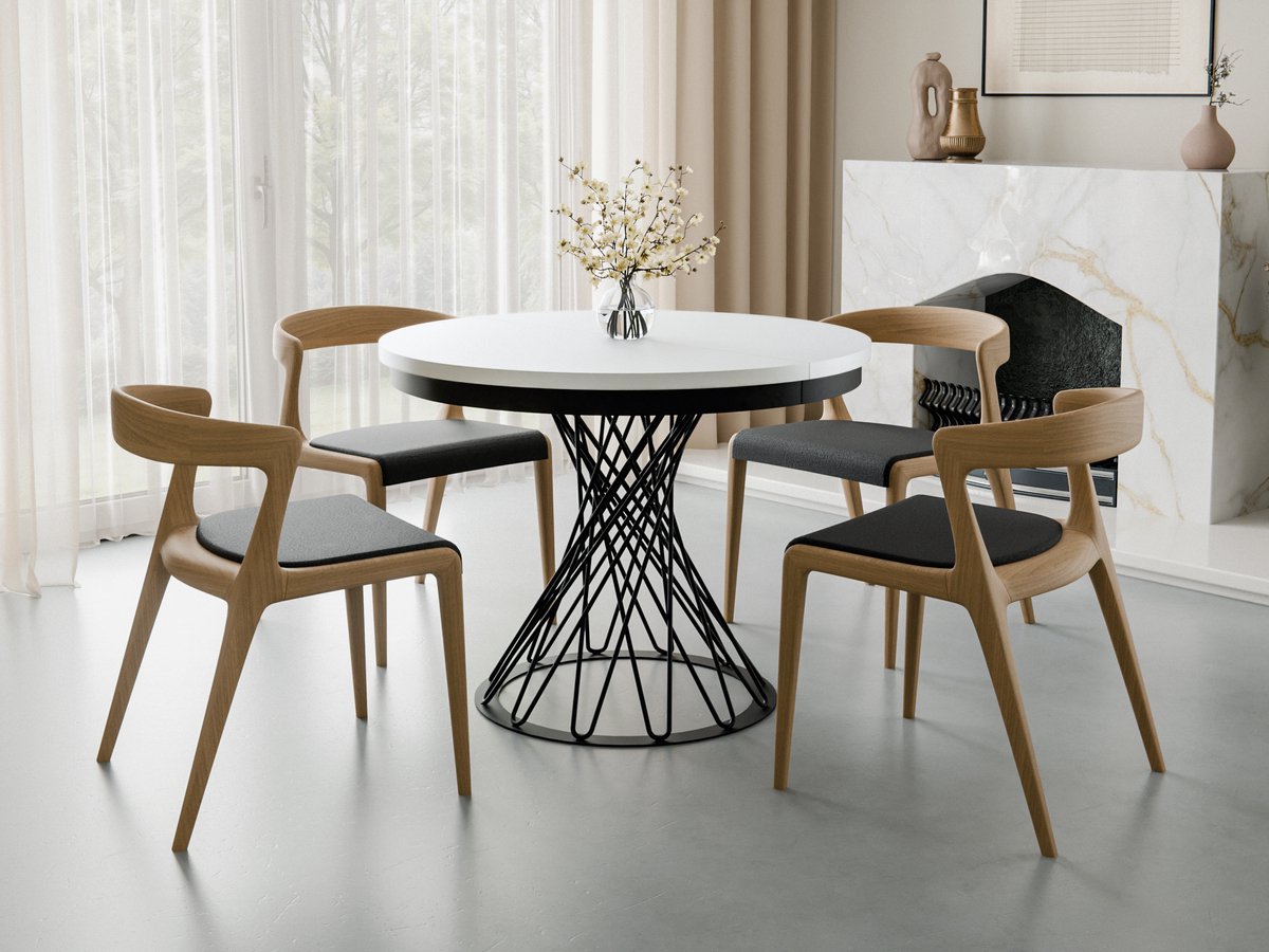 Compleo24-Ronde eettafel met opengewerkte voet-100/140 cm-Moderne stijl-Wit-Zwart