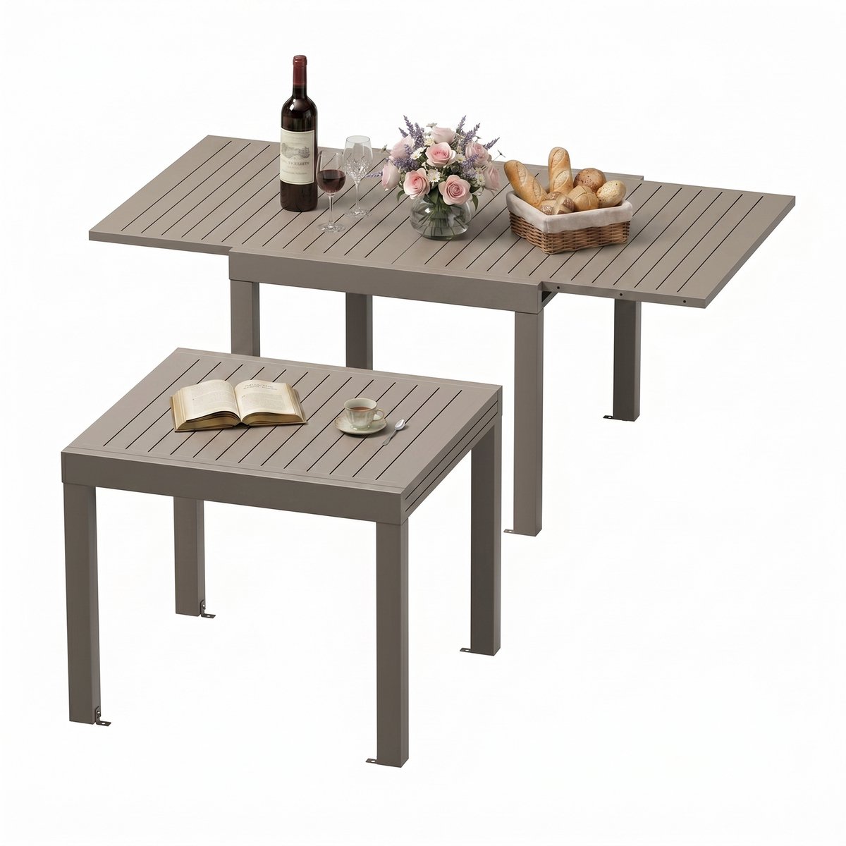 Devoko Tuintafel van aluminium - uitschuifbare - verstelbare tafelpoten - 80/160 x 80 cm - 4-8 personen - 200KG - antiroest, waterdicht, krasbestendig, lichtgewicht en gemakkelijk mee te nemen - uittrektafel voor tuin-terras -Bruin