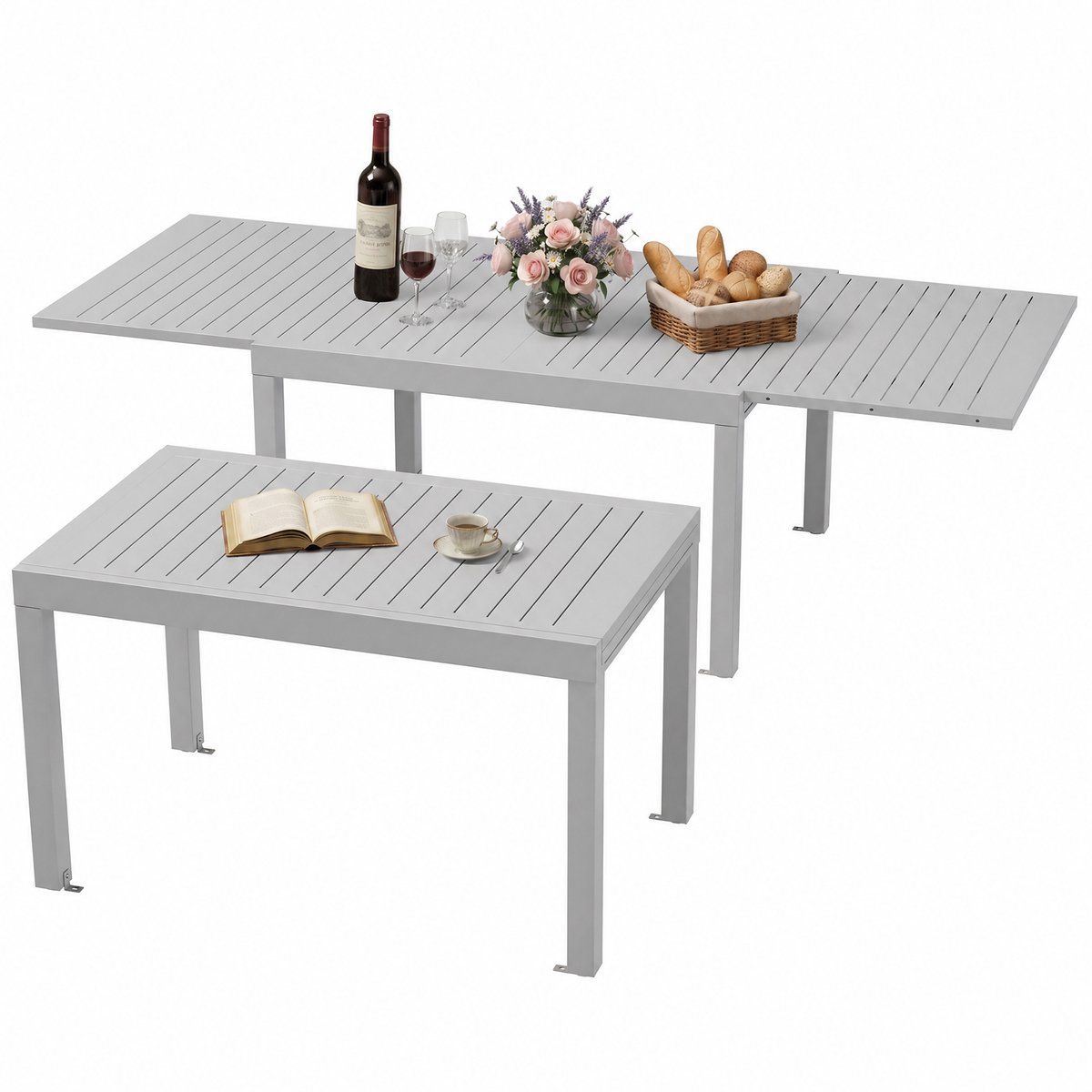 Devoko Tuintafel van aluminium - uitschuifbare - verstelbare tafelpoten - 130/260 x 80 cm - 6-10 personen - 200KG - antiroest, waterdicht, krasbestendig, lichtgewicht en gemakkelijk mee te nemen - uittrektafel voor tuin-terras -lichtgrijs
