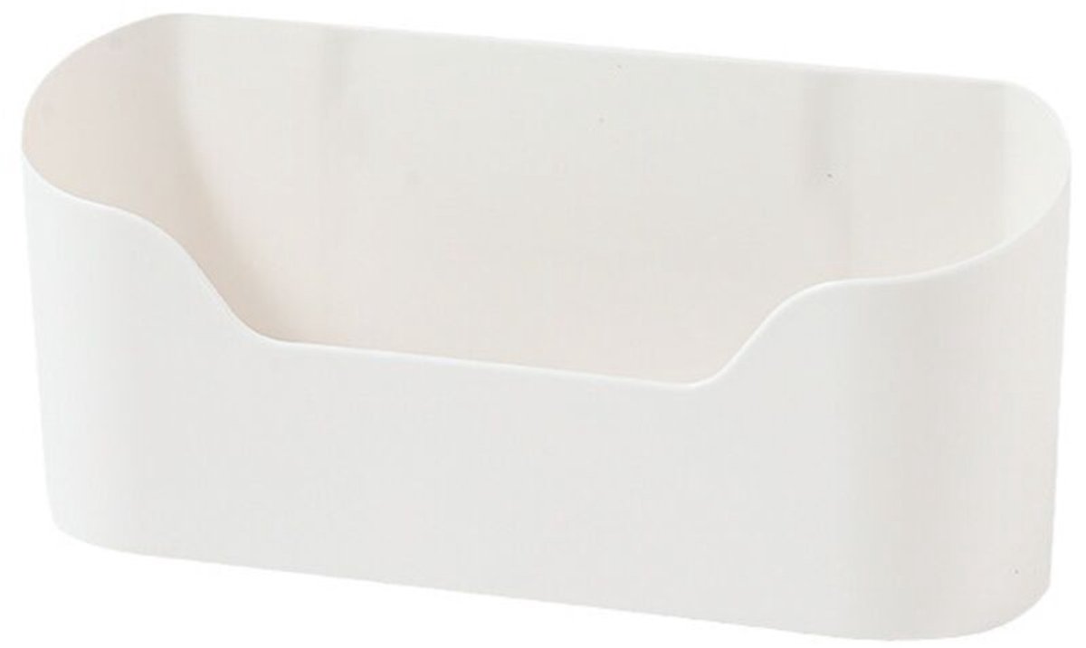 Een set van twee witte zelfklevende organizers geschikt voor keukenkastjes, geschikt voor kasten, badkamers, koelkasten en kleine spullen.