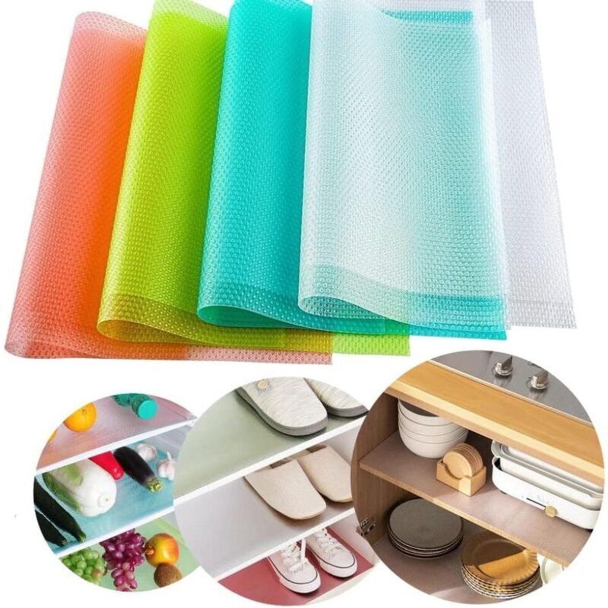Een set van 8 wasbare placemats, gemaakt van PVC, inclusief koelkastmatten, antislip koelkastmatten, placemats en ladematten, geschikt voor keukens, eetkamers en eettafels.