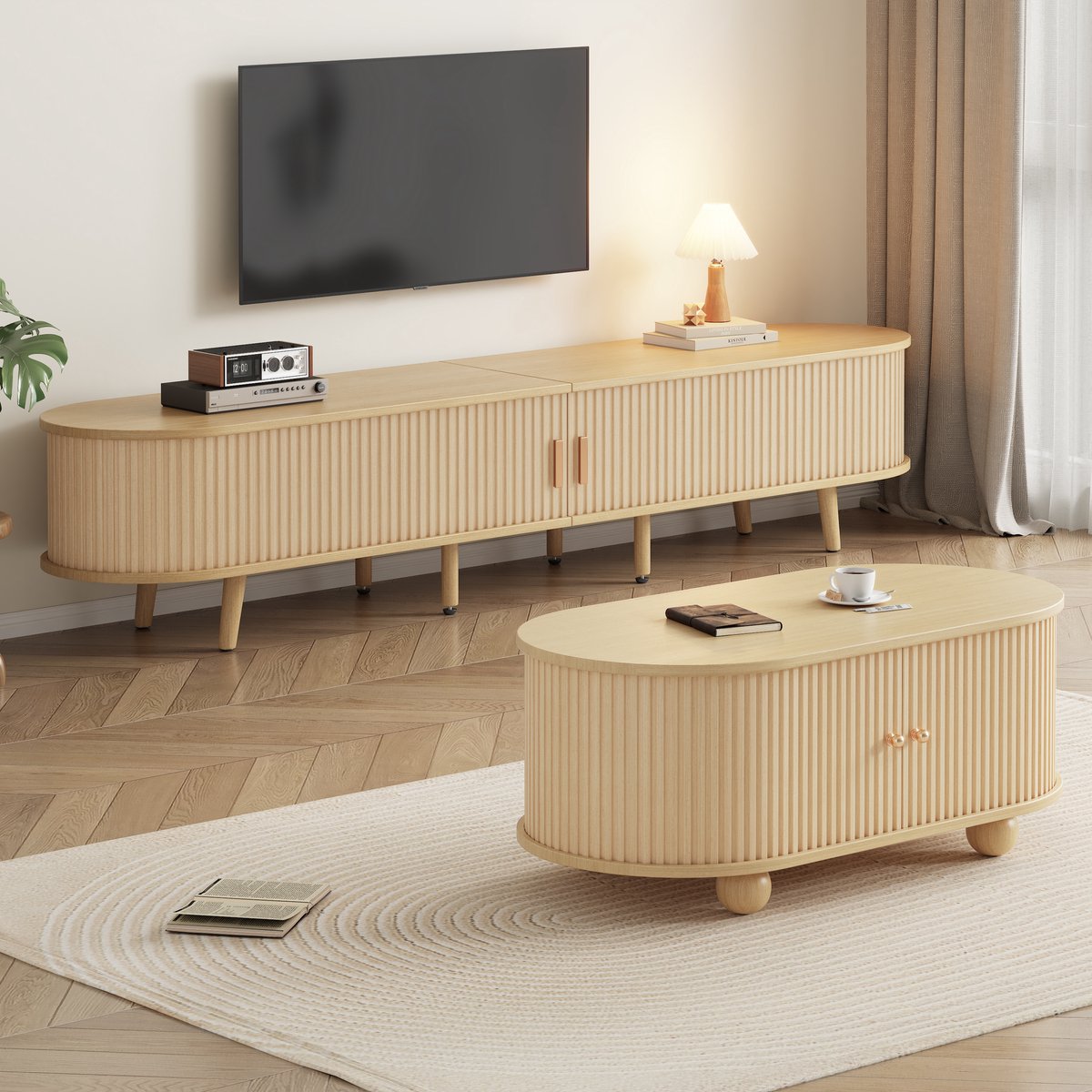 MODFU TV-Meubel En Salontafelset - Opbergruimte - Modern Minimalistisch - Woonkamer - MDF - Licht Walnootkleur