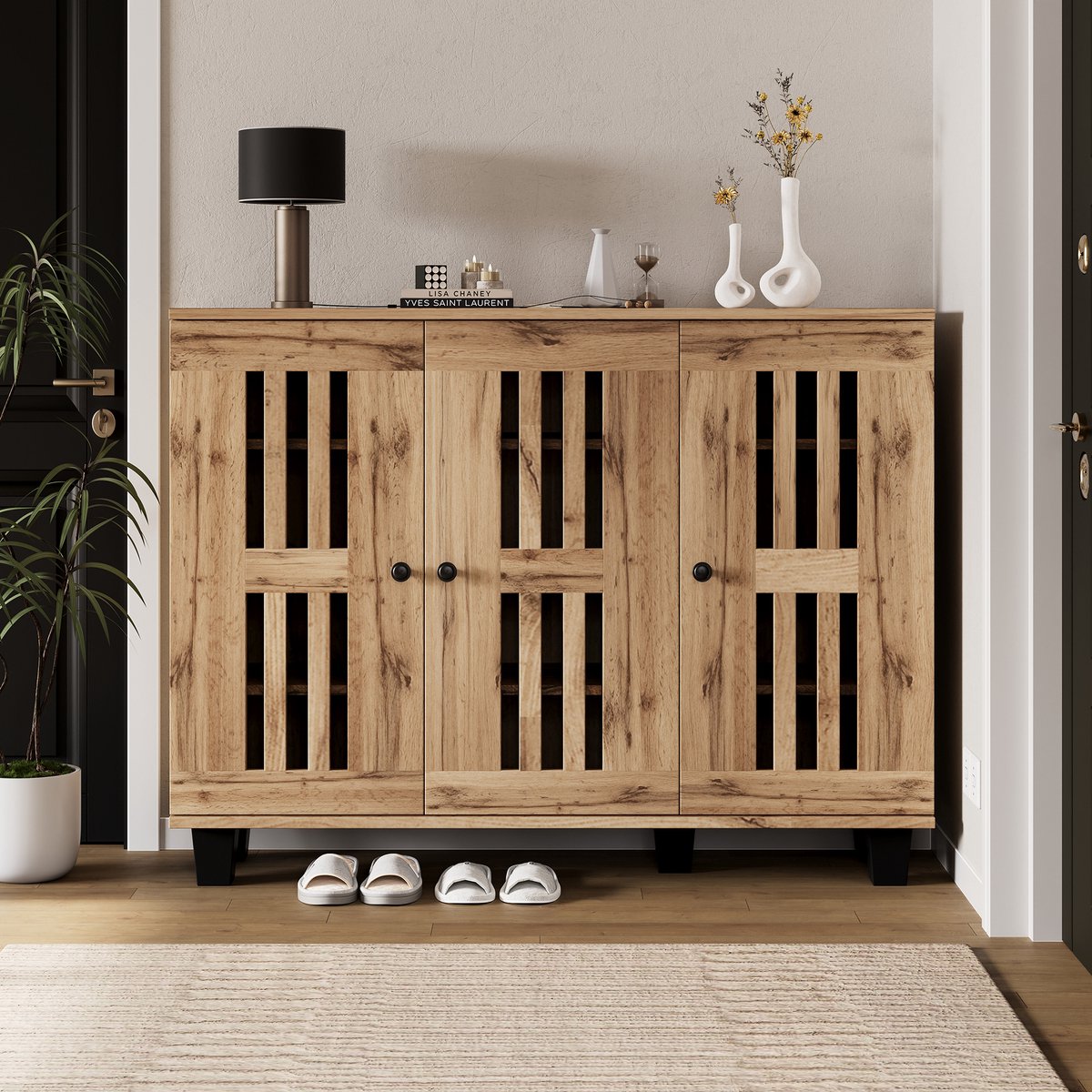 MODFU - Opbergkast Met 3 Deuren En 8 Vakken - Scandinavisch - Voor Woonkamer Of Slaapkamer - Spaanplaat - Naturel - 120 X 32 X 92 Cm