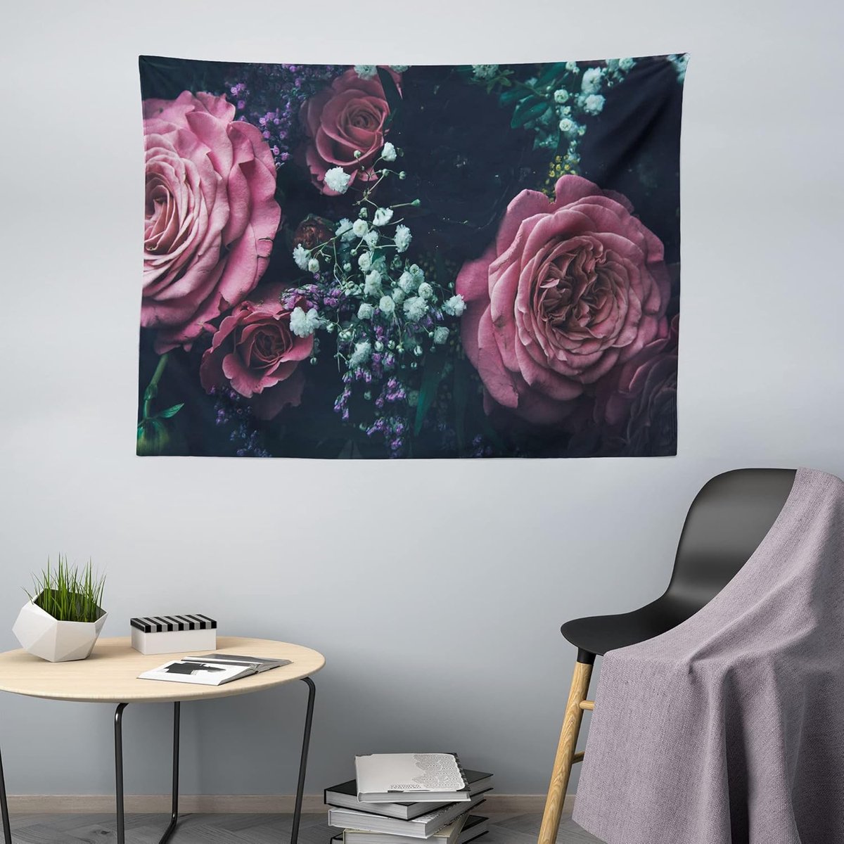 ABAKUHAUS Vintage Rozenwandtapijt, Dromerige Romantische Bloem, Woonkamer Slaapkamerwanddoek Zijdezacht Satijn Wandtapijt, 150 x 100 cm, Blauwgrijs Fuchsia Blauwgrijze fuchsia