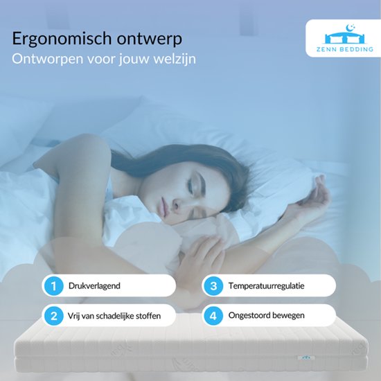 Ergonomisch matrasontwerp voor jouw welzijn: drukverlagend, vrij van schadelijke stoffen, temperatuurregulatie, ongestoord bewegen.
