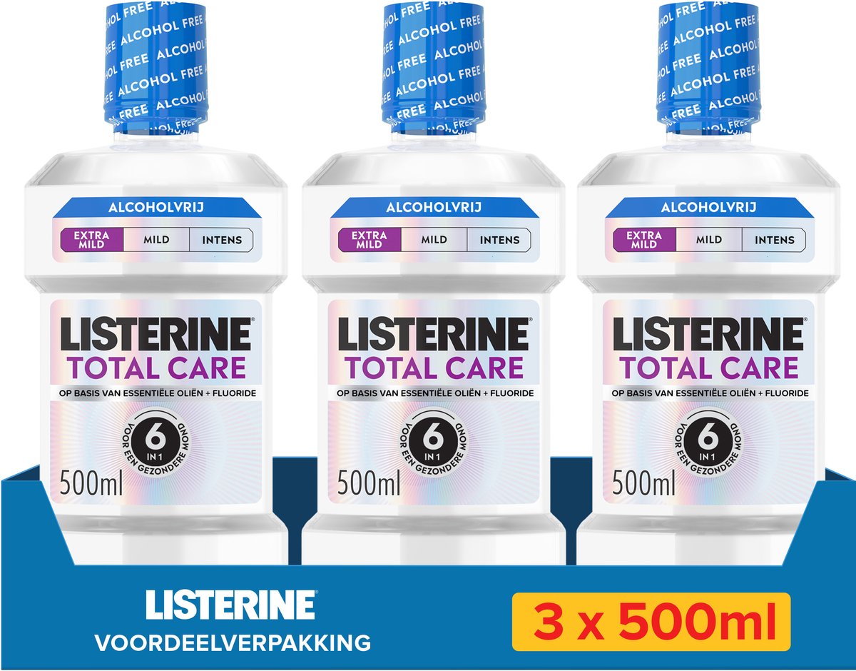 LISTERINE Total Care Extra Mild Alcoholvrij, zonder alcohol, extra milde muntsmaak, 3x500 ml