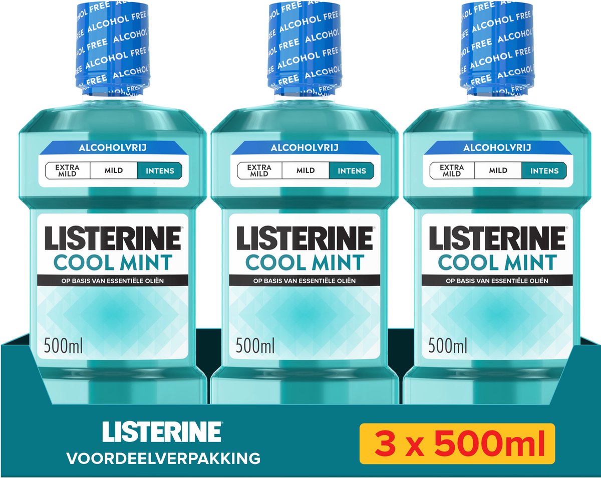 Listerine Cool Mint Intens Alcoholvrij, Alcoholvrije Mondspoeling, Met Essentiële Oliën, Tegen Slechte Adem en Tandplak, Intens Muntsmaak, 3x500 ml