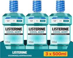 Listerine Cool Mint Intens Alcoholvrij, Alcoholvrije Mondspoeling, Met Essentiële Oliën, Tegen Slechte Adem en Tandplak, Intens Muntsmaak, 3x500 ml