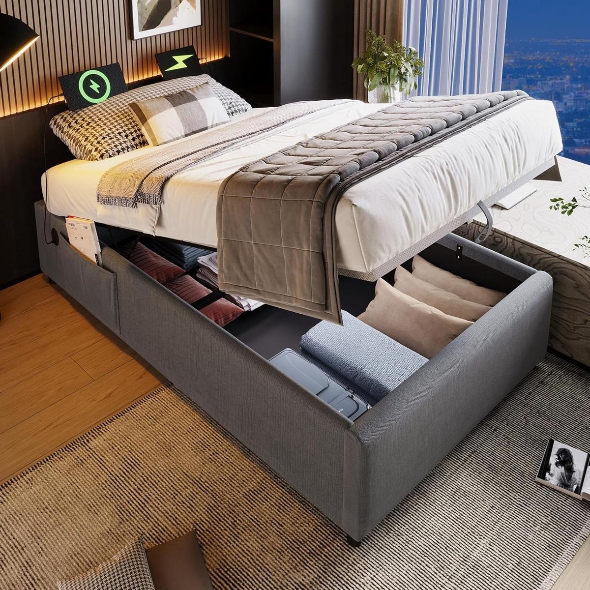 Gestoffeerd Bed - Eenpersoons Bed - Ruimte Besparen - Met Opbergruimte - 90x190 cm - Grijs
