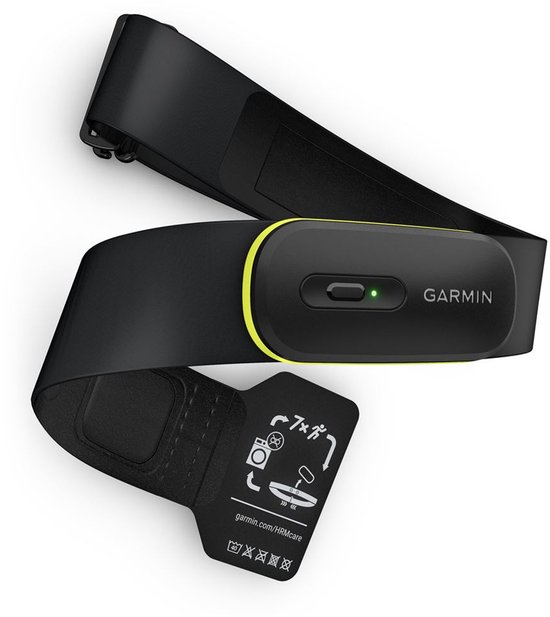 Zwarte Garmin hartslagmeter met gele rand, groen lampje en Garmin logo.