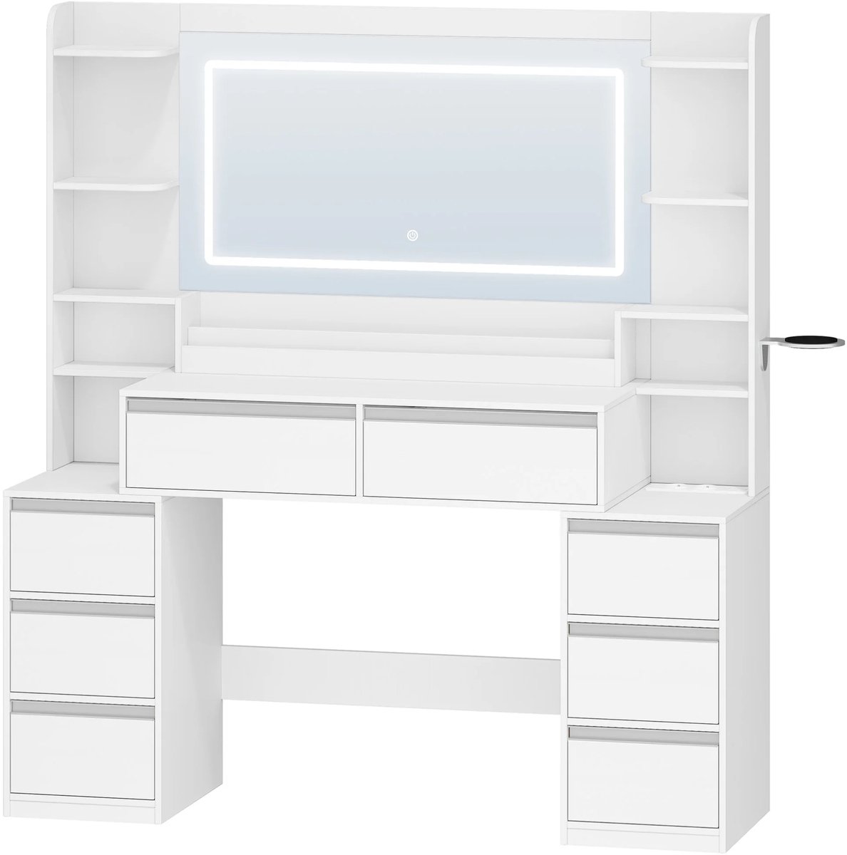 Happiq Dressing Table – Voor Slaapkamer en Make-up – Kaptafel met Grote Spiegel, 8 Lades en Open Vakken – Modern Wit en Zilver White
