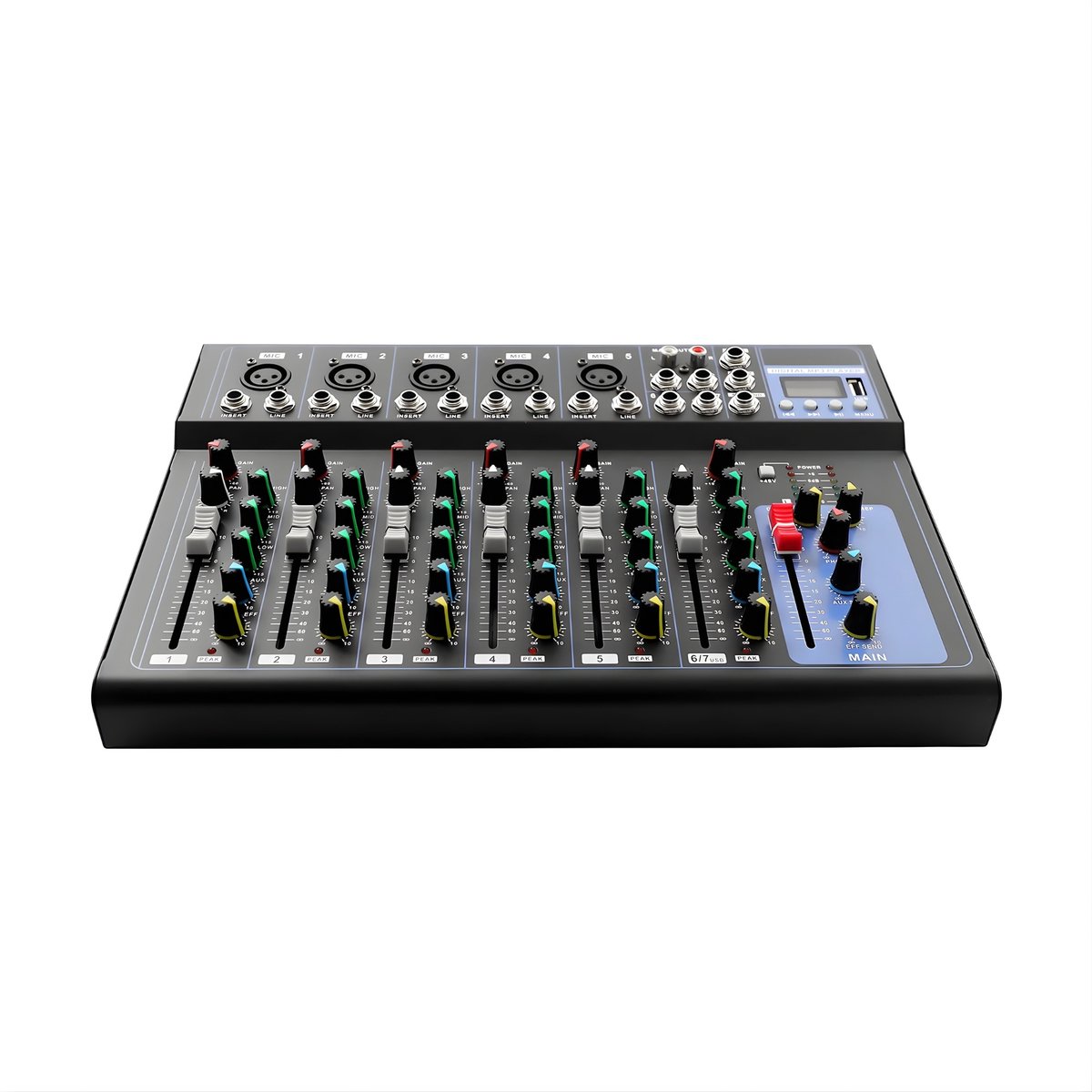 7-Kanaals DJ Audio Mixer – Mixing Console met Voedingsadapter – Geschikt voor Home KTV, Muziekopname en Livestreaming – 33 x 23 x 3,7 cm – Zwart