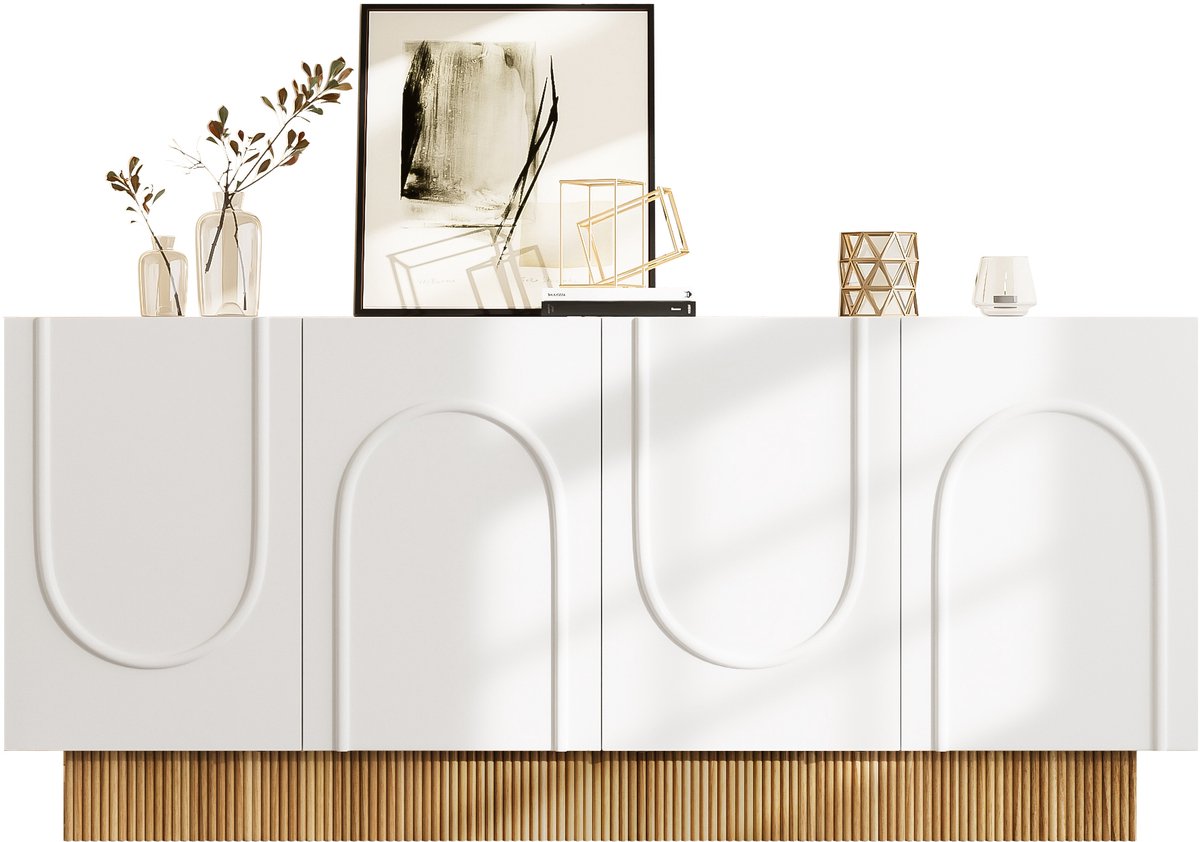 Zubaliya Sideboard - 160x75x38 cm - mat met U-vormige reliëfstructuur - 4 deuren & 4 ruime vakken - houtdecor onderaan Mat (wit/grijs)