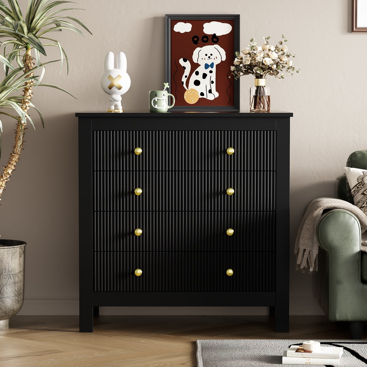 Zubaliya Kommode - 5 laden met gestructureerd front - gouden handgrepen - verdikte poten
