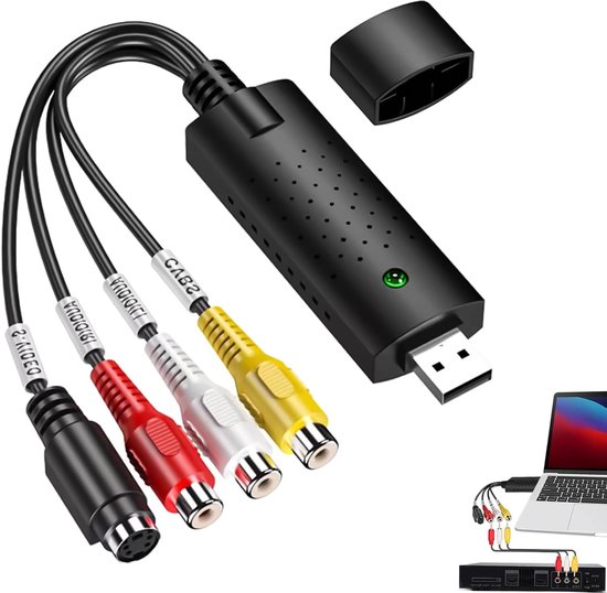 Zwarte USB-videocapture-adapter met RCA- en S-Video-kabels.
