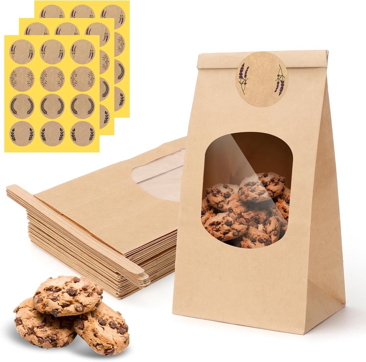 25 Stuks Papieren Tassen met Venster, Sluitclips en Stickers - Ideaal voor Brood, Snoep en Gebak, 9 x 6 x 17 cm, Bruin Kraftpapier